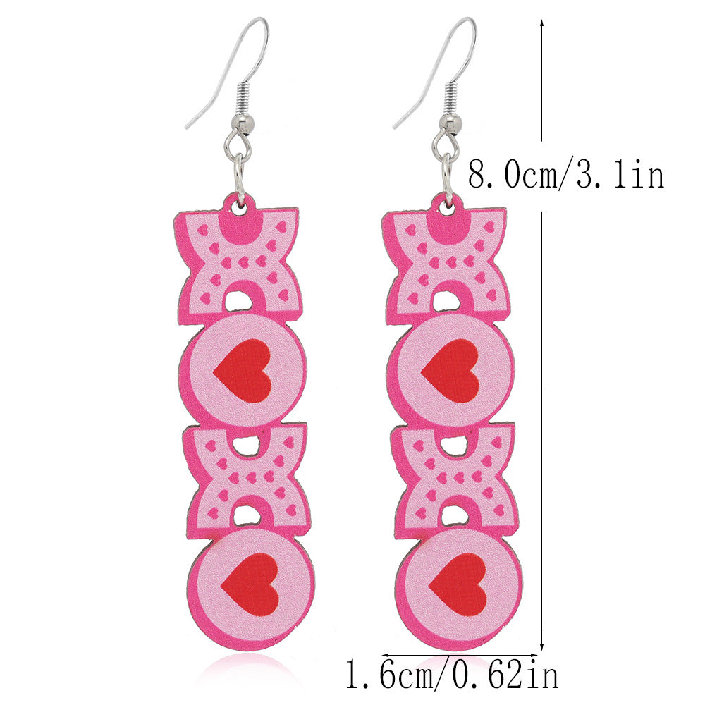 Wholesale Valentine's Day Pink Printed Love Heart-shaped Wooden Earrings